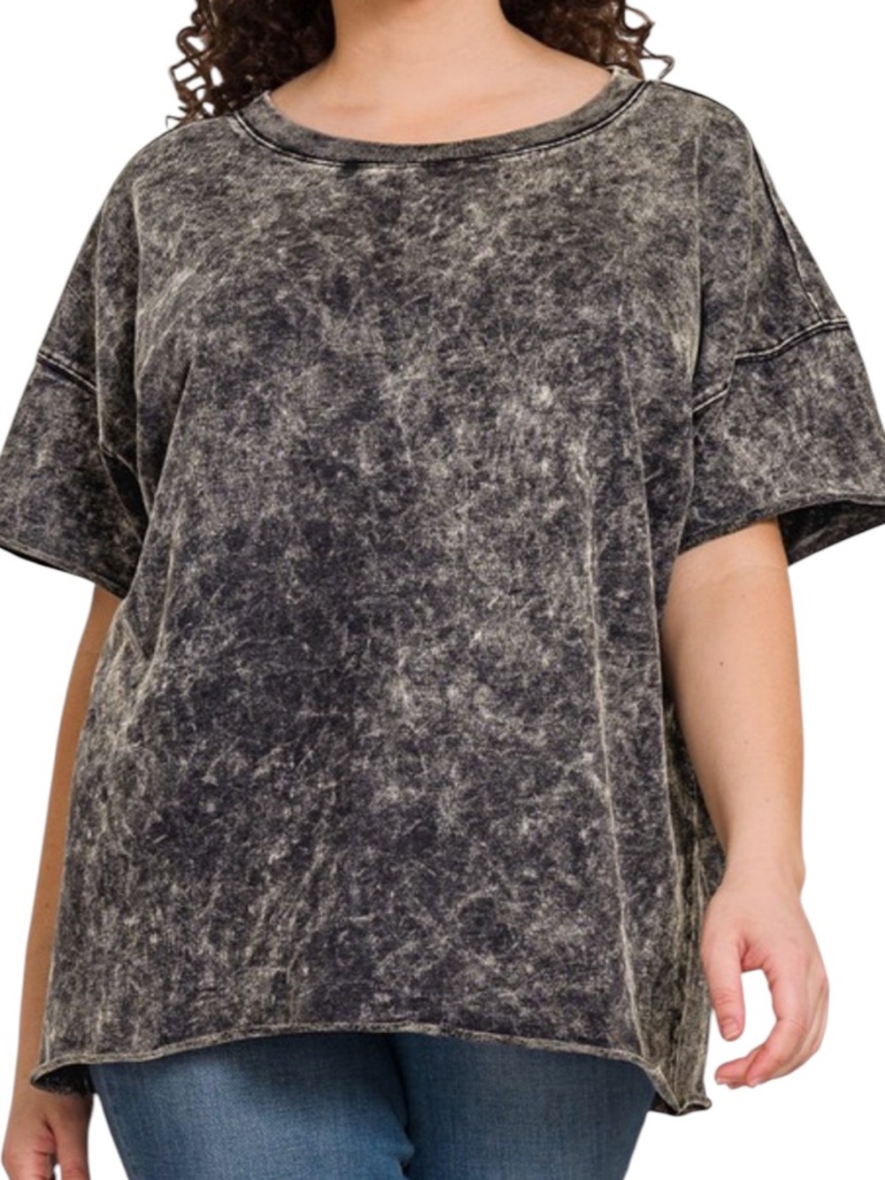 572. Plus Black Acid Washed French Terry Short-Sleeve Women's Tee NEW
